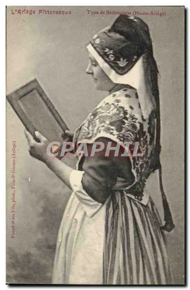 Mulher Bethmalaise (Haute-Ariège) — retrato em traje tradicional — editor Fauré e seus Alunos, Foix-S.-Girons (Ariège) - Frente