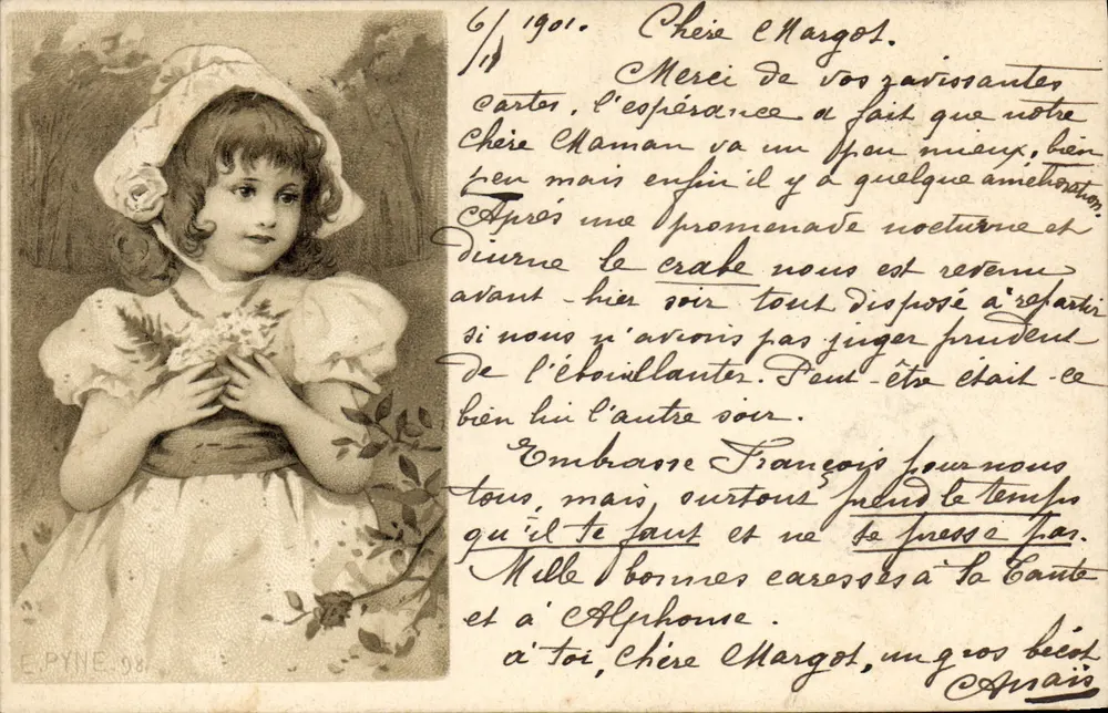 Mädchen in Blumengewand und Hut — E. PYNE 98 — Verleger E. Pyne - Vorderseite