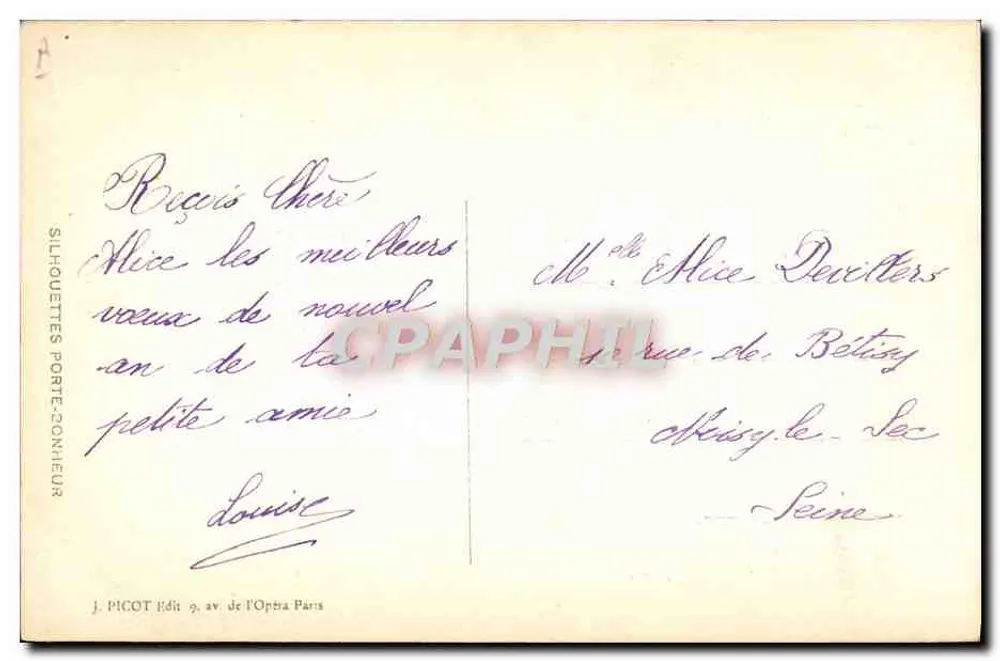 Frau in grünem Kleid und Hut — Mohnblume — Zeichnung von L.S. Pavy — Verlag J. Picot, Paris - Rückseite