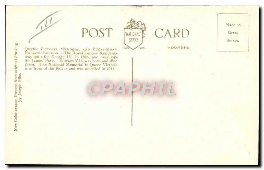 Buckingham Palace, London — Ansicht mit dem Nationaldenkmal für Königin Victoria — Verleger Joseph Pike, Serie 'National Series' - Rückseite