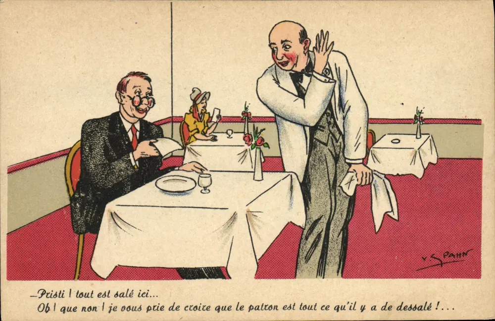 Esszimmer — Karikatur eines Kellners und Kunden — V.S. PAHN - Vorderseite