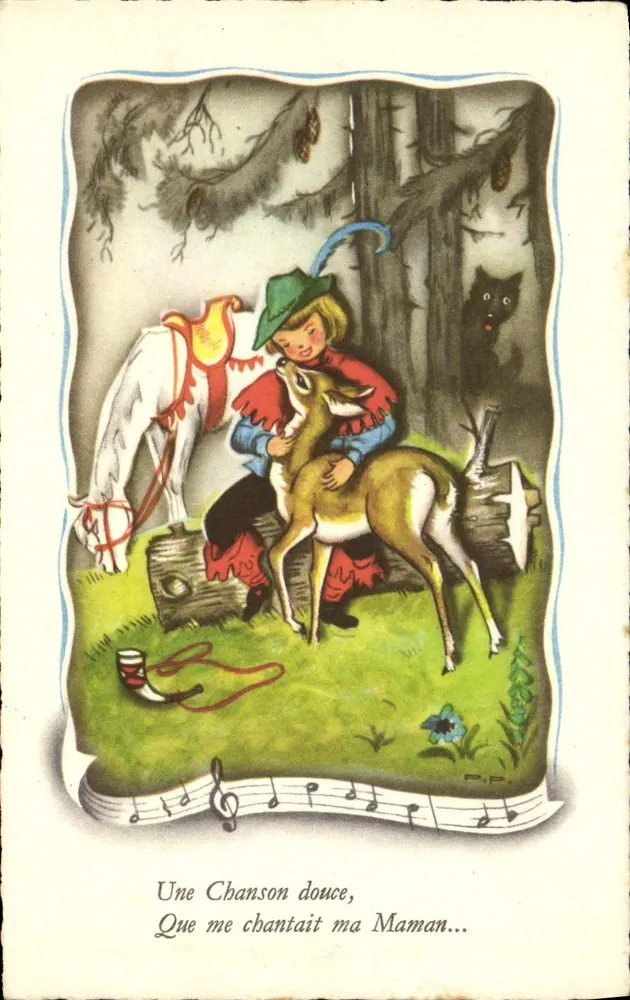 Kind und Hirsch im Wald — Ein sanftes Lied, das mir meine Mama sang — P.P. — Serie Nr. 2925 - Vorderseite