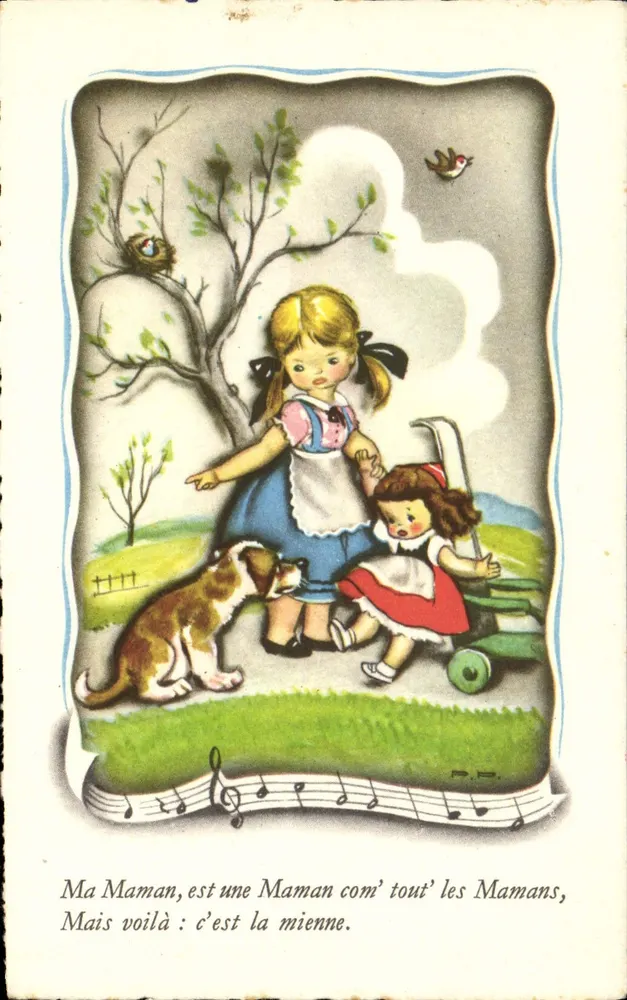 Zwei Kinder und ein Hund — Garten-Szene — P.P. — Serie N° 1 - Vorderseite