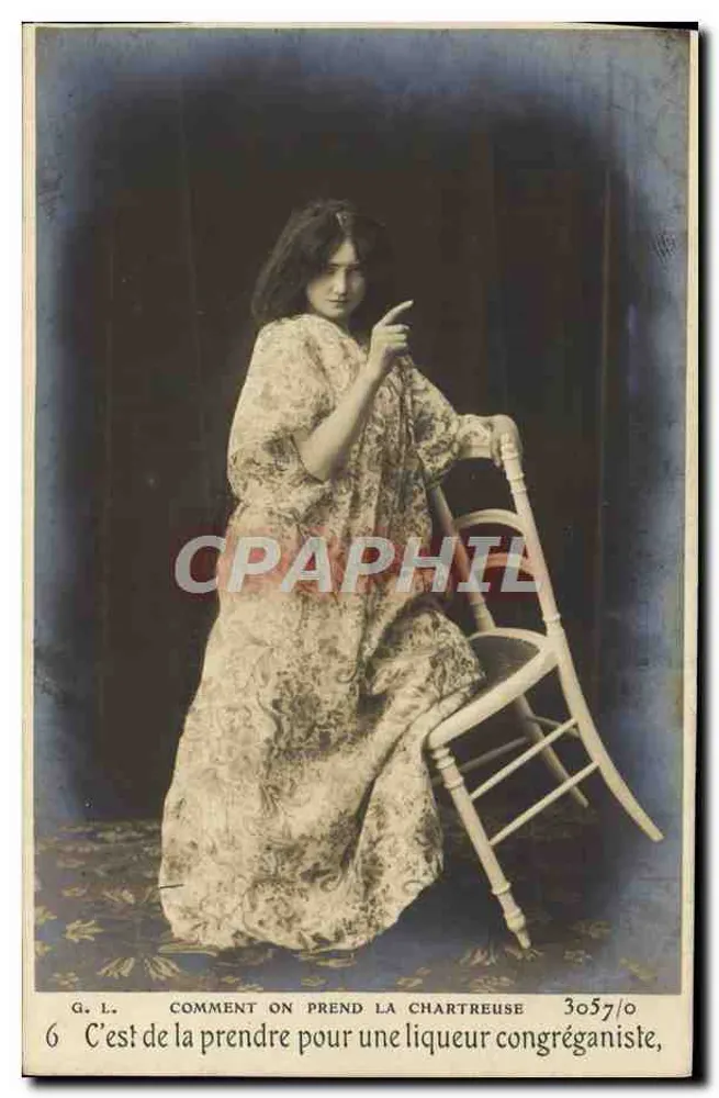 Femme en robe fleurie — scène humoristique avec chaise — G.L. n° 3057/0 - Frente