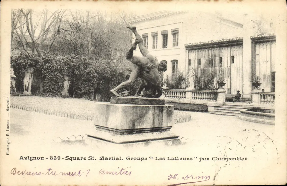 Avignon - Platz St. Martial — Gruppe "Les Lutteurs" von Charpentier — Phototypie E. Lacroix, Marseille - Vorderseite
