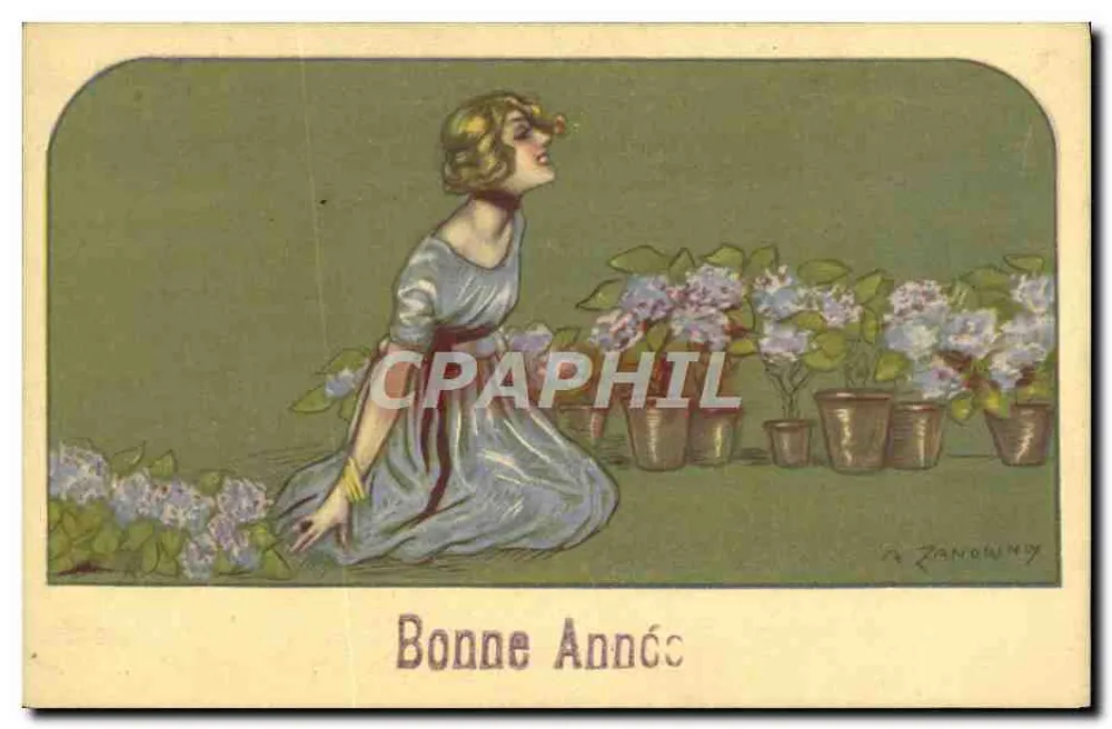 Femme à genoux parmi des hortensias — Bonne Année — A. Zanowiny - Recto