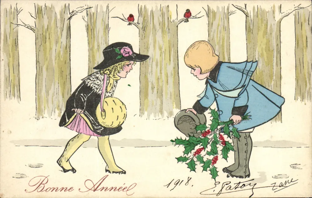 Zwei Kinder in einem schneereichen Wald — Frohe Neujahr 1918 — S. Patory, Serie 'Zone' - Vorderseite
