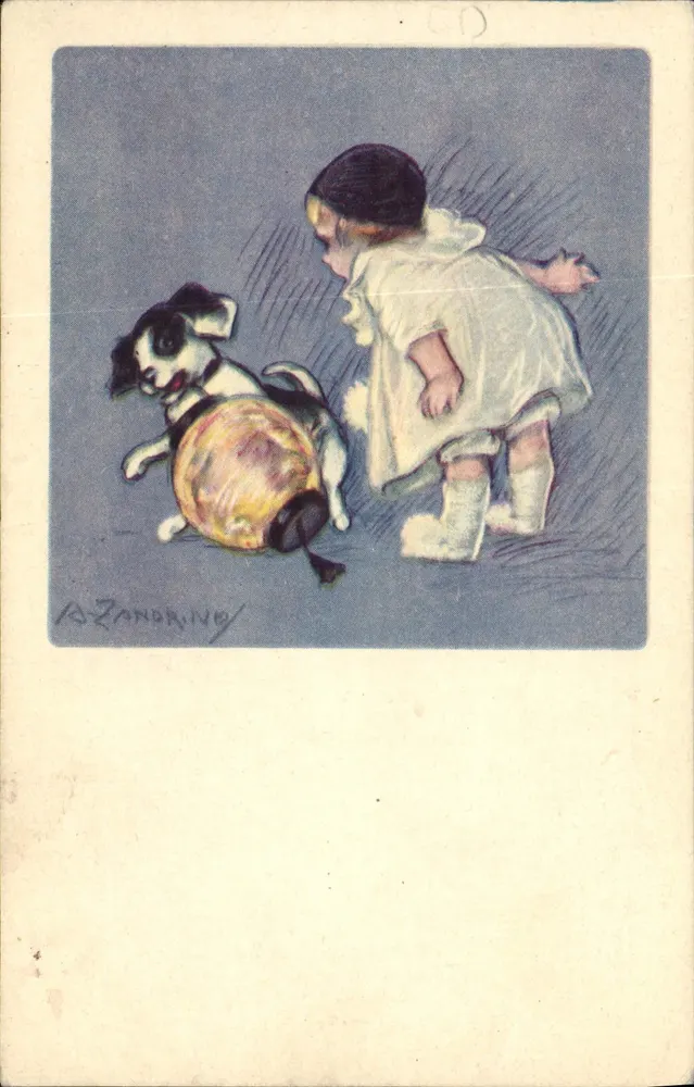Kind und Hund, die mit einem Ball spielen — A. Zanbrino — Künstlerische Druckerei Rizzoli, Mailand - Vorderseite