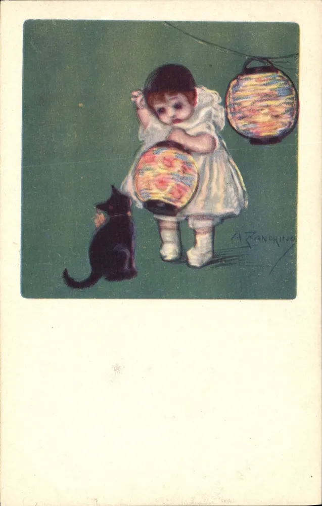 Kind mit einer Katze — Nacht Szene mit Laternen — A. Randoring - Vorderseite
