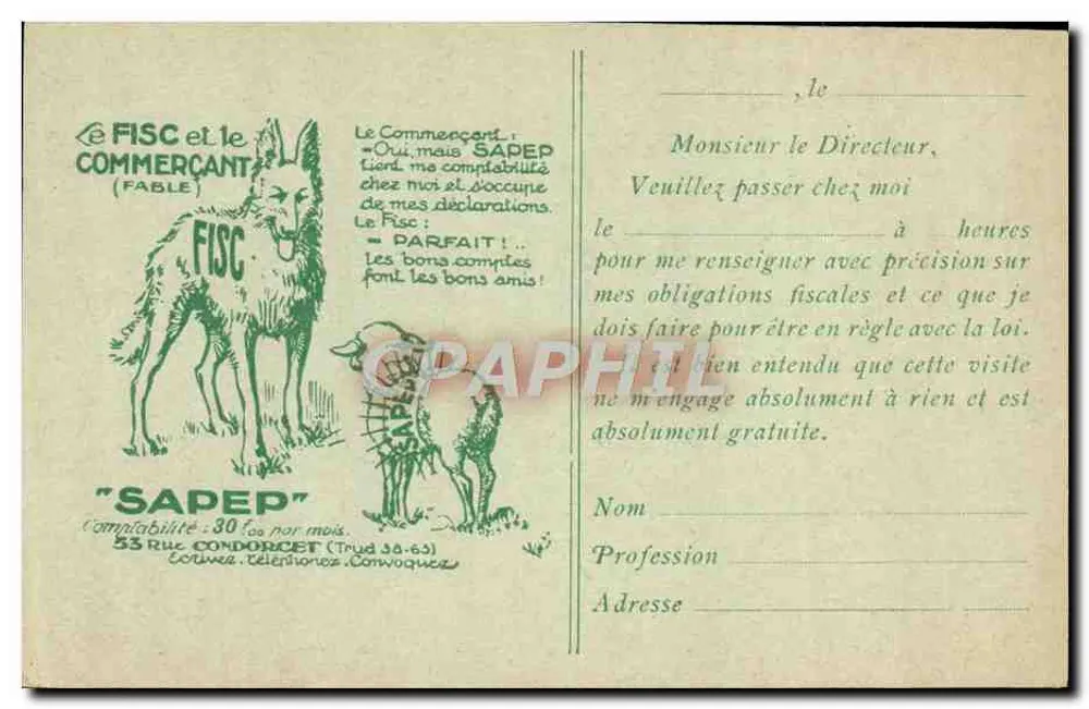 Der Steuerbeamte und der Händler — humorvolle Fabel — S.A.P.E.P. (53 Rue Condorcet, Paris 9e) - Vorderseite