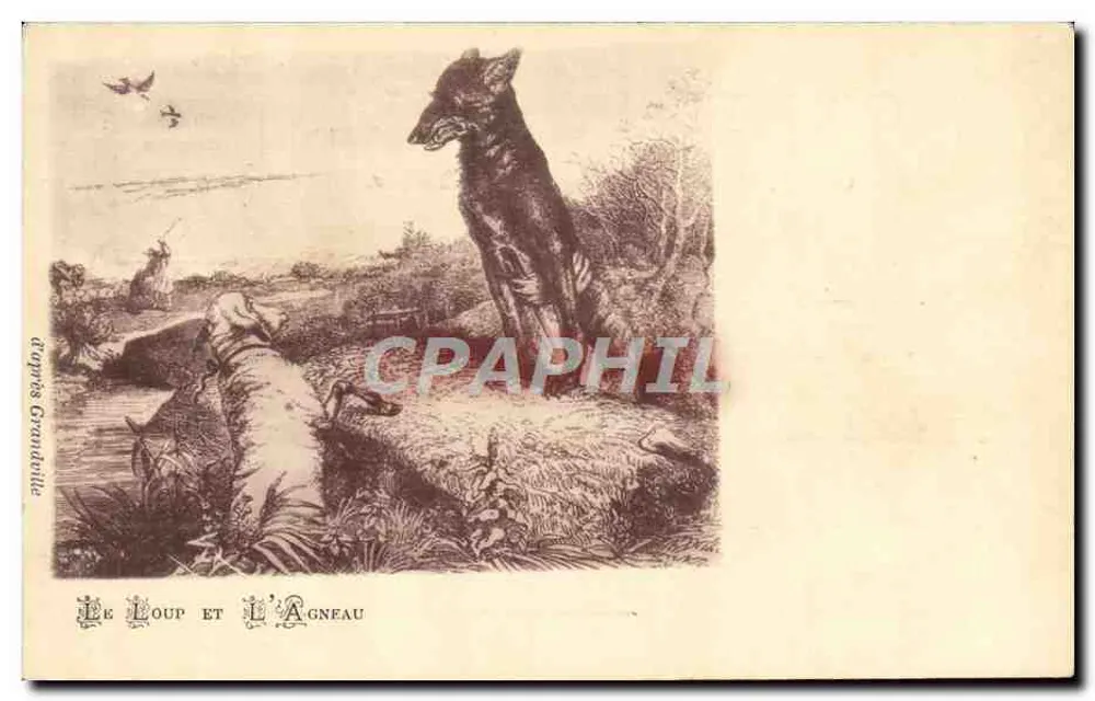 O Lobo e o Cordeiro — gravura de acordo com Grandville — editor não visível - Frente