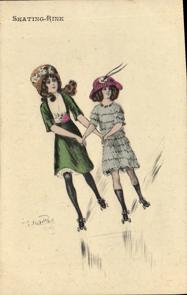 Zwei junge Frauen, die Rollschuh laufen — Skating-Rink — A.T. Paris, Serie 108/3 - Vorderseite