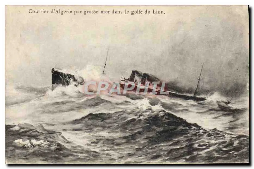 Post aus Algerien auf hoher See im Golf von Lyon — maritime Illustration — Verlag und Nummer nicht sichtbar - Vorderseite