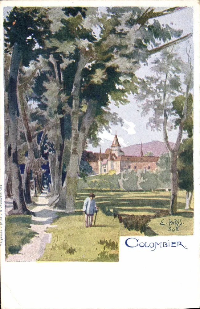 Colombier — pittoreske Ansicht mit baumumrahmtem Weg und Kirche — E. Paris, 1898 - Vorderseite