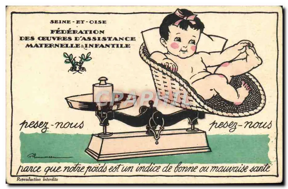 Séine-et-Oise — Vereinigung für Mütter- und Kinderhilfe — 'Pesez-nous' — Illustration eines Babys auf einer Waage - Vorderseite
