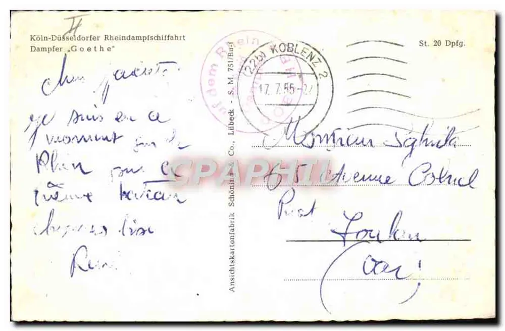 Navio a vapor Goethe — Köln-Düsseldorfer Rheindampfschiffahrt — editor Schönhof & Co. n° 751/Bu-1 - Verso