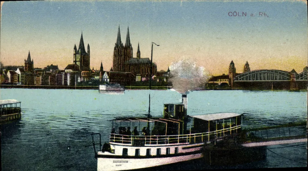 Colônia (Reno) — vista do Reno com o castelo de Colônia e um navio a vapor — Hesse & Co., Graph. Kunstanstalt, Cölln-Lindenthal, N° 830 - Frente