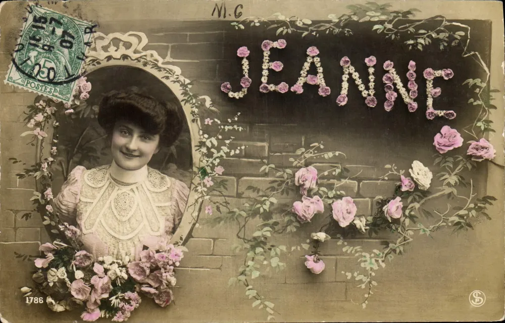 Jeannne — cartão postal decorado com rosas — N.I.C. n°1786 - Frente