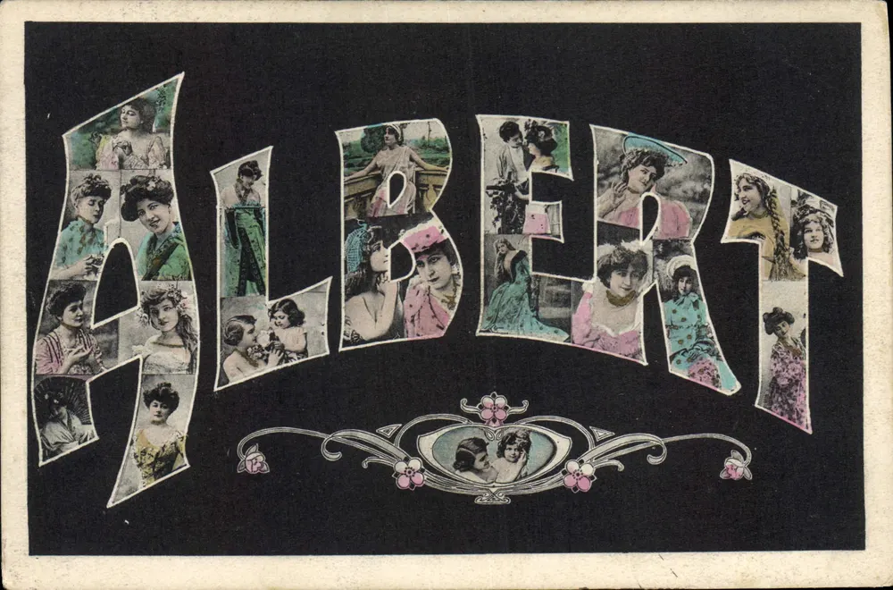 Albert — Carta postal decorativa com letras formadas por retratos femininos — editor desconhecido - Frente