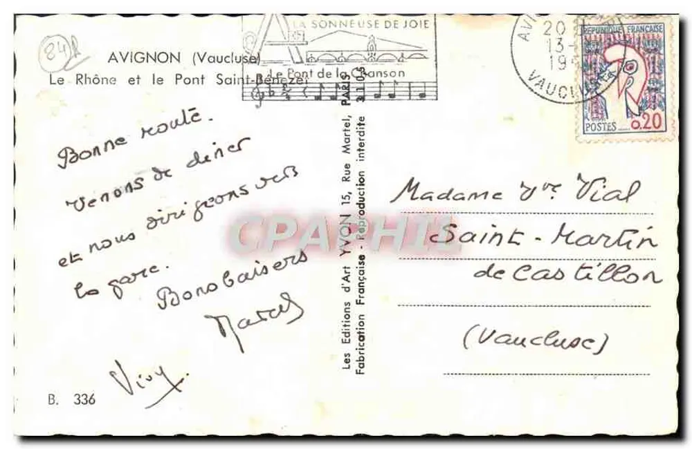 O Rio Rhône e o Ponte Saint-Bénezet — Avignon (Vaucluse) — Les Editions d'Art Yvon, n° B. 336 - Verso