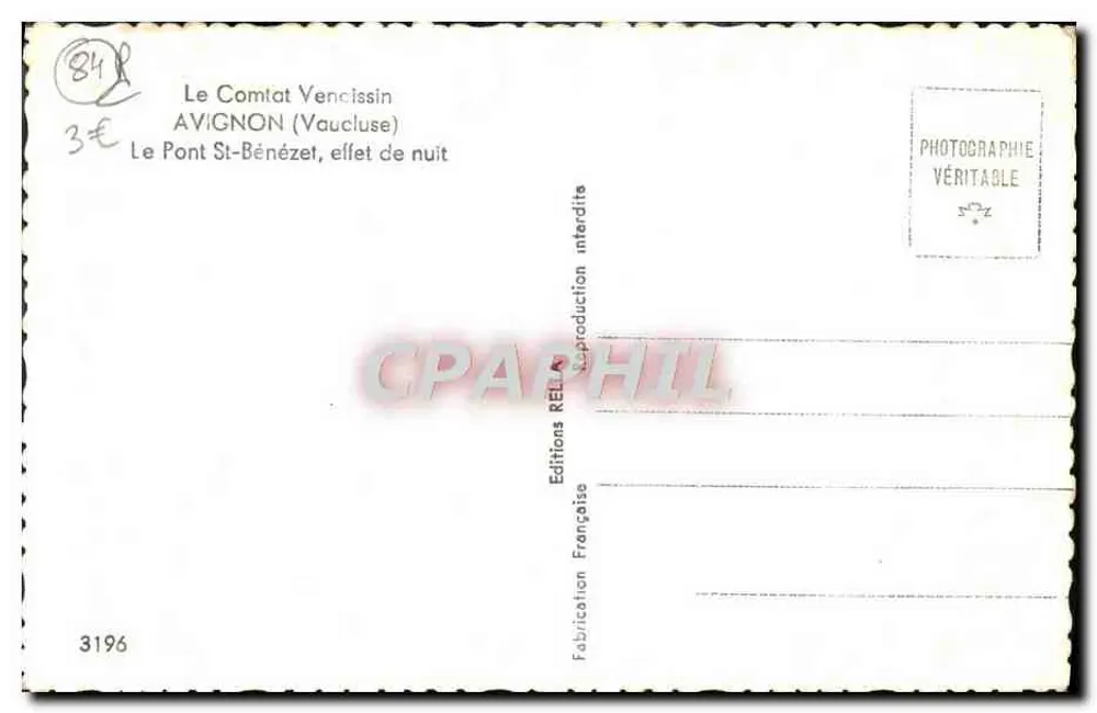 O Ponte St-Bénézet, efeito noturno — Avignon (Vaucluse) — Éditions Rella, n°3196 - Verso