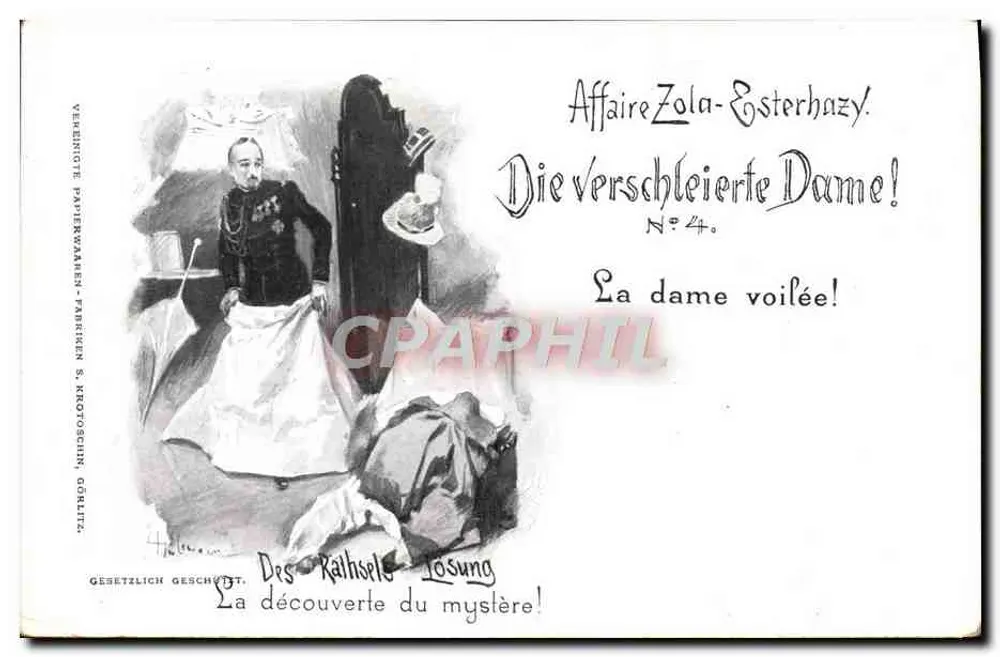 Affäre Zola-Esterhazy — Die verschleierte Dame! — Vereinigte Papierwaren-Fabriken S. Krotoschin Görlitz, Nr. 4 - Vorderseite