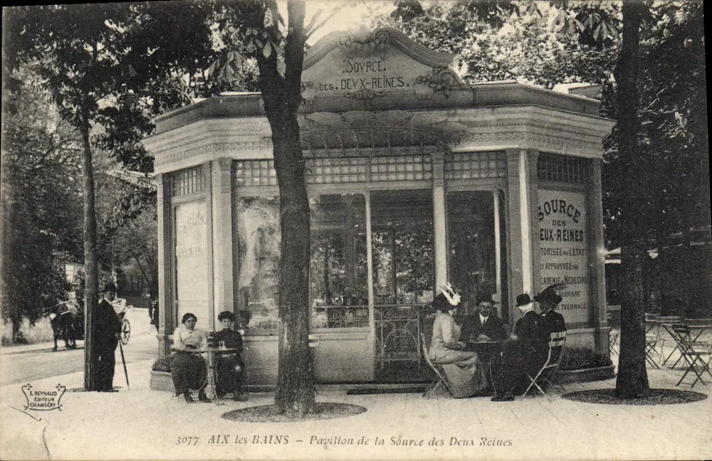 Aix-les-Bains — Pavilhão da Fonte das Duas Rainhas — E. Reynaud, Chambéry, n°3077 - Frente