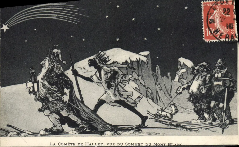 La Cometa de Halley, vista desde la Cumbre del Mont Blanc — ilustración de gigantes en esquí — editor: Maison Quercy, n.º 22 - Anverso