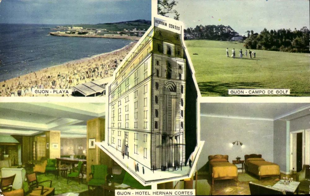 Gijón - Hotel Hernán Cortés — vista panorâmica com praia, golfe e interiores — - Frente