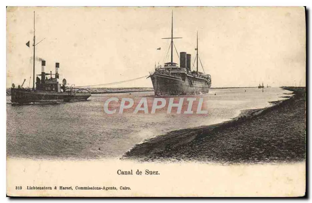 Canal de Suez — vista de navios — Lichtentatern & Harari, Commissions-Agents, Caire, n°313 - Frente