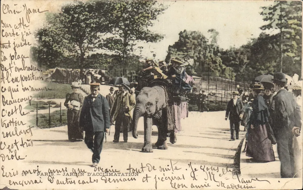 Paris — Jardin d'Acclimatation — Éléphant avec passagers — éditeur Paris, n° 100 - Frente