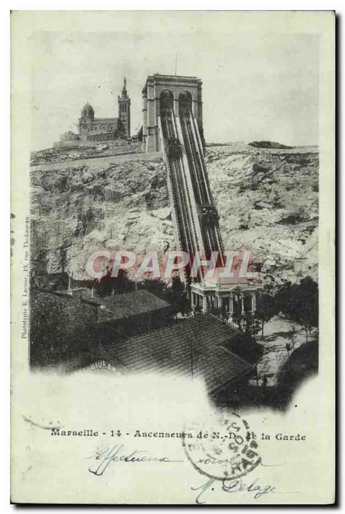 Marselha - 14 - Elevadores de N.-D. da Guarda — Fototipia E. Lasser, 19e rua Thibauden - Frente