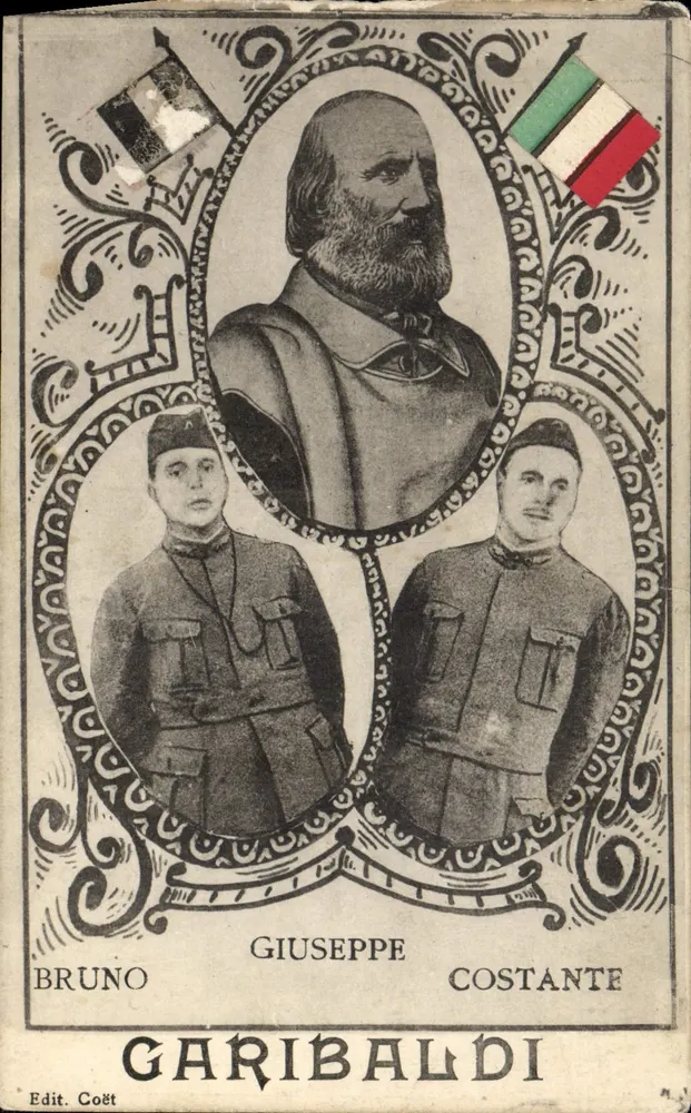 Giuseppe Garibaldi — retrato com dois soldados — Edit. Coët, N.1 - Frente
