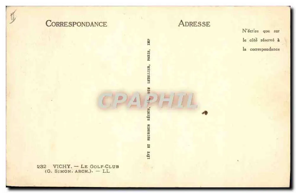 Vichy — O Clube de Golfe — G. Simon, Arq. — n° 232 - Verso