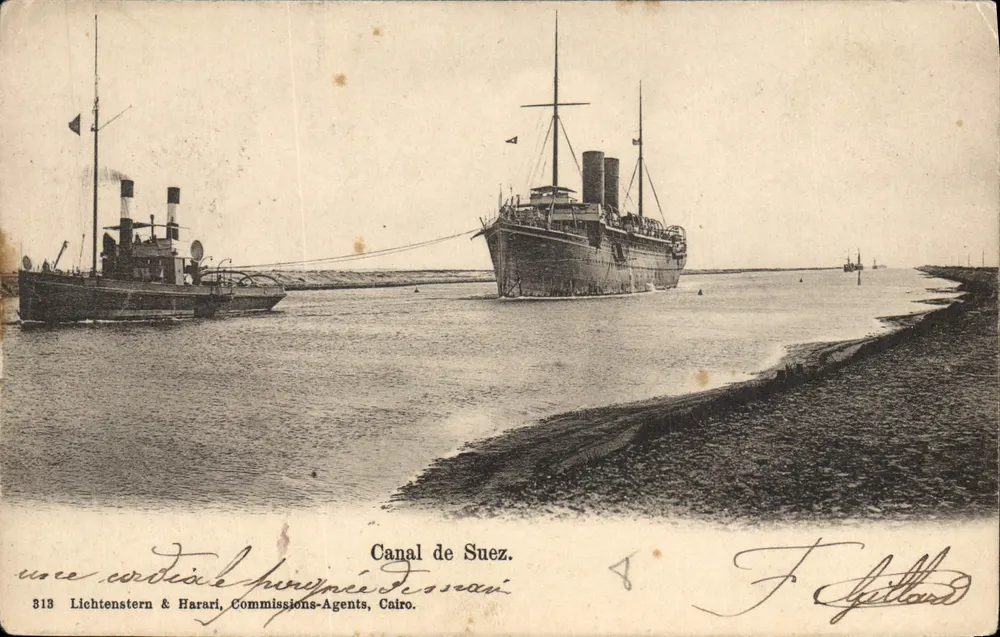 Canal de Suez — vista de dos barcos — F. Gillard, n° 313 - Anverso