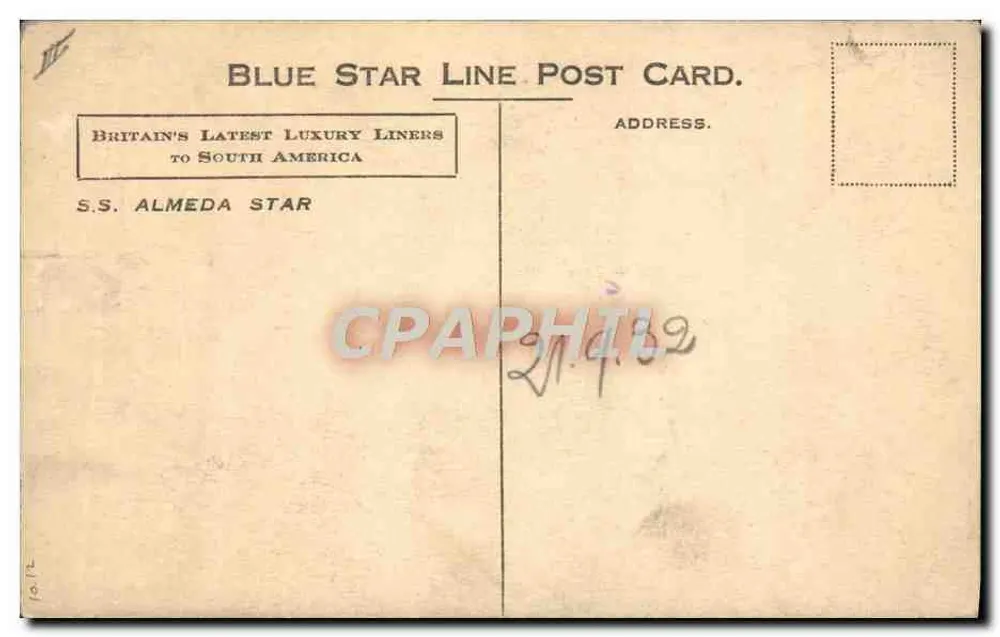 S.S. Almeda Star — Antieke ansichtkaart Blue Star Line — uitgever Blue Star Line - Achterkant
