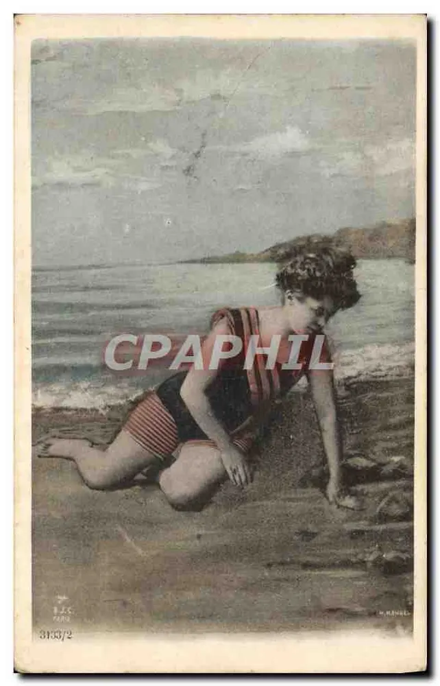 Junge Frau im gestreiften Badeanzug — Strand — M. MANREL, Paris, n° 3133/2 - Vorderseite