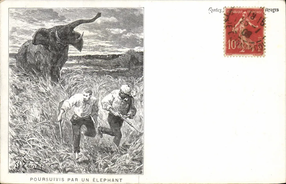 एक एलिफंत द्वारा पीछा किया जा रहा है — जे. पियोन की रचना — प्रकाशक कार्टेस एवं व्याख्यान - आगे