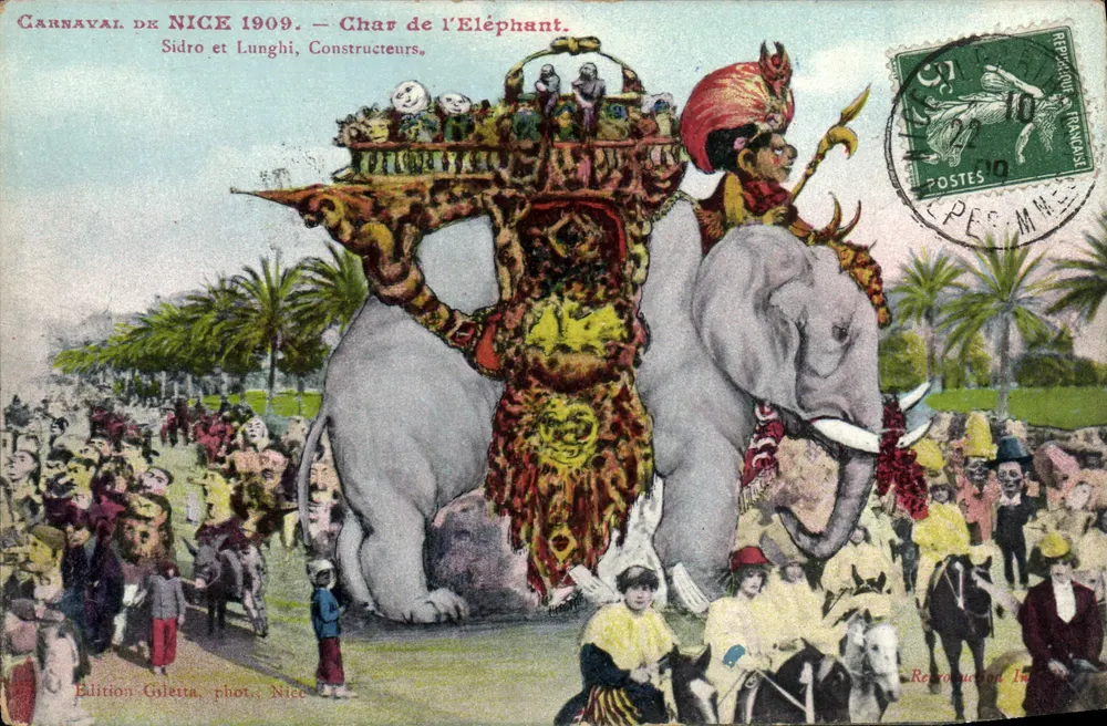 Carnaval de Nice 1909 — Carro do Elefante — Sidro e Lunghi, Construtores. - Frente