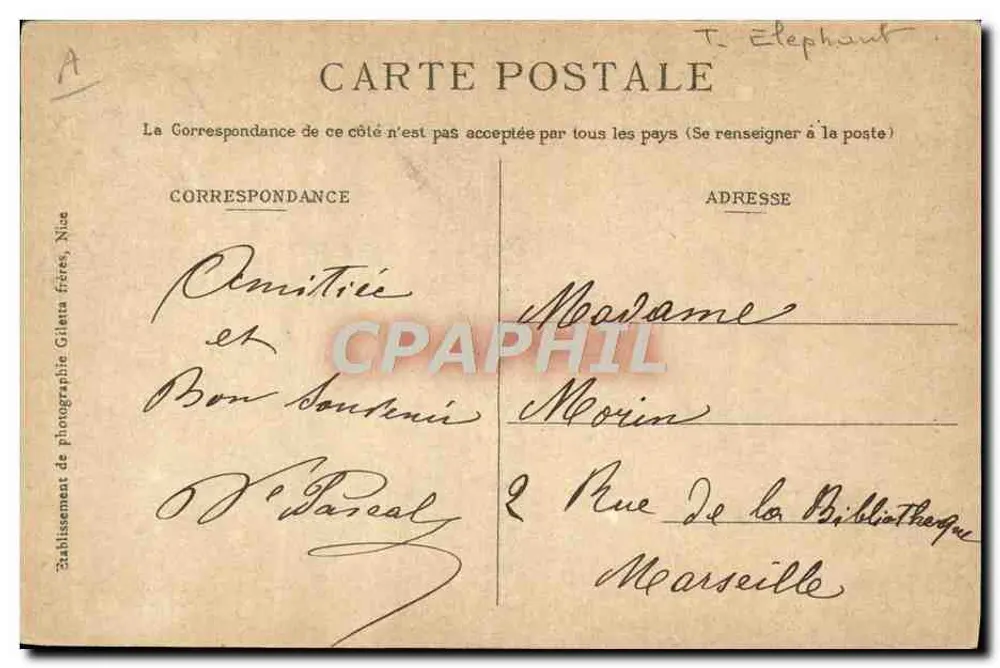 Carnaval de Nice 1909 — Carro do Elefante — Sidro e Lunghi, Construtores. - Verso