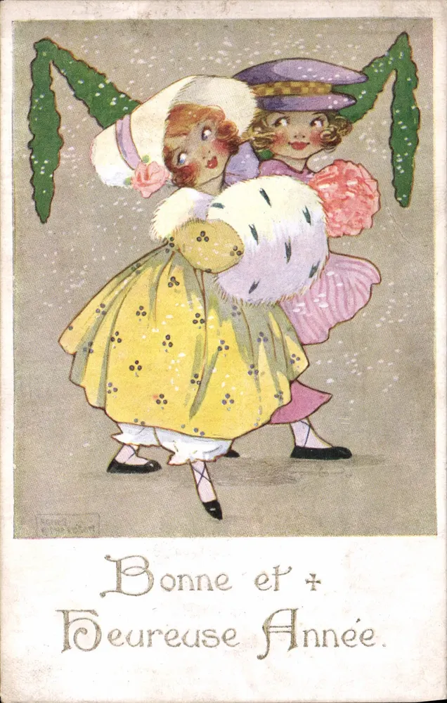 Zwei Mädchen in der Schnee — Weihnachtskarte — Tuber Art Co. 'Artistique XMAS' Series - Vorderseite