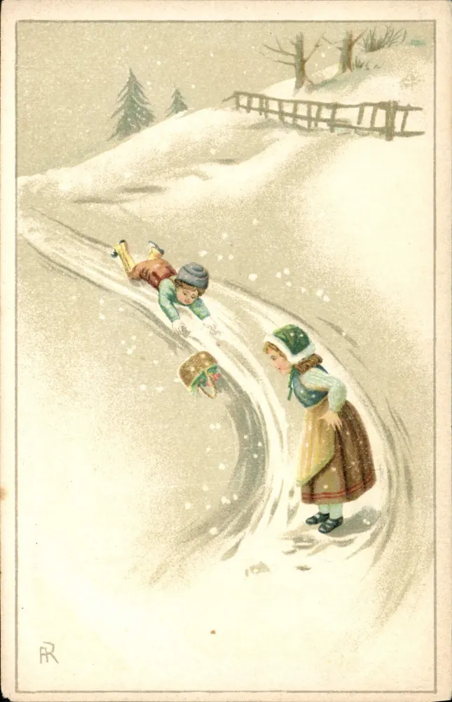 Kinder, die auf einer schneebedeckten Flanke rutschen — Illustration — F. & C. M. n° 2008 - Vorderseite