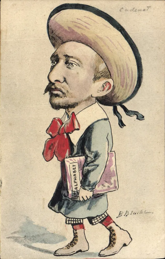 Karikatur eines Mannes mit einem Buch 'ALPHABET' — Zeichnung von B. Blachet, Verlag CadenaT - Vorderseite