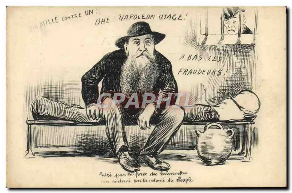 Napoléon usage ! — caricature d'un homme barbu assis sur un banc, avec un prisonnier derrière des barreaux et un pot à côté — éditeur non imprimé sur la carte - Frente