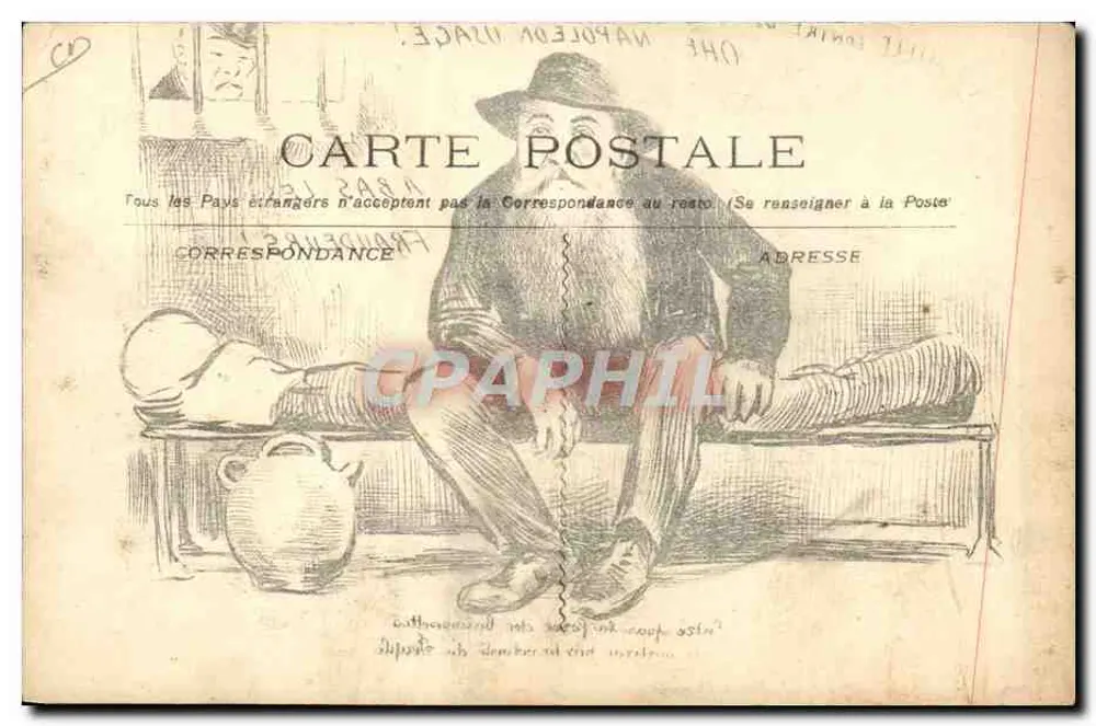 Napoléon usage ! — caricature d'un homme barbu assis sur un banc, avec un prisonnier derrière des barreaux et un pot à côté — éditeur non imprimé sur la carte - Verso