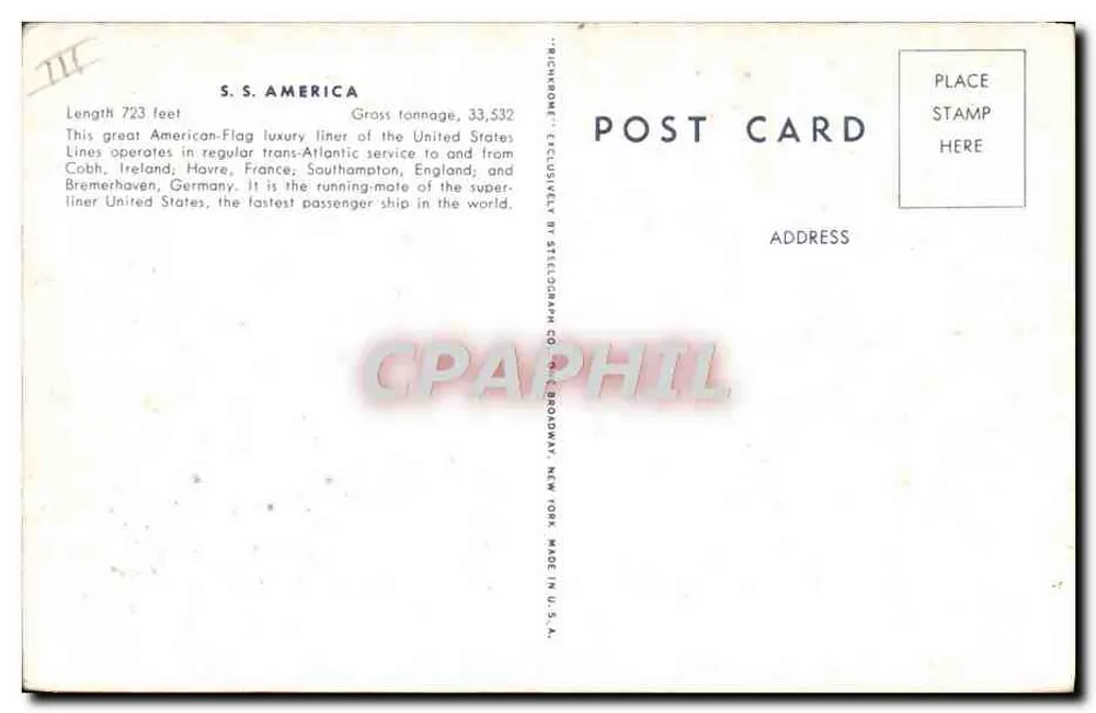 S.S. AMERICA — navio de passageiros americano — editor Stellography Co. New York - Verso