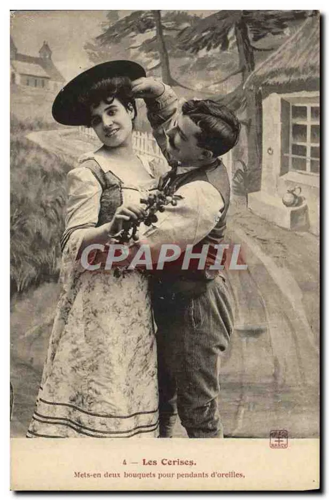 Die Kirschen — Humorvoll mit einem Jungen, der Kirschen einer jungen Frau anbietet — Verlag MARCY, Nr. 4 - Vorderseite