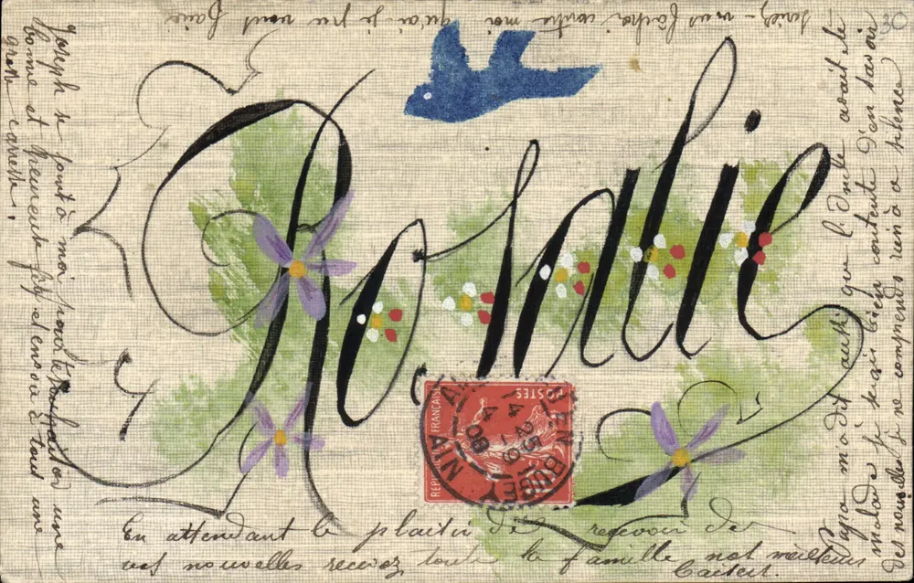 Rosalie — Dekorative Ansichtskarte mit blauem Vogel und Blumen — E. PUGSETTI, Verleger, LYON - Vorderseite