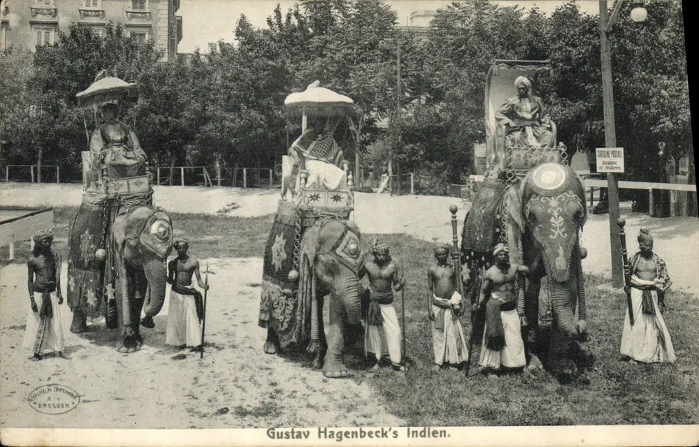 Gustav Hagenbeck's Indien — espetáculo de elefantes decorados — editor Nicolai N. Portmann A.G. Dresde - Frente