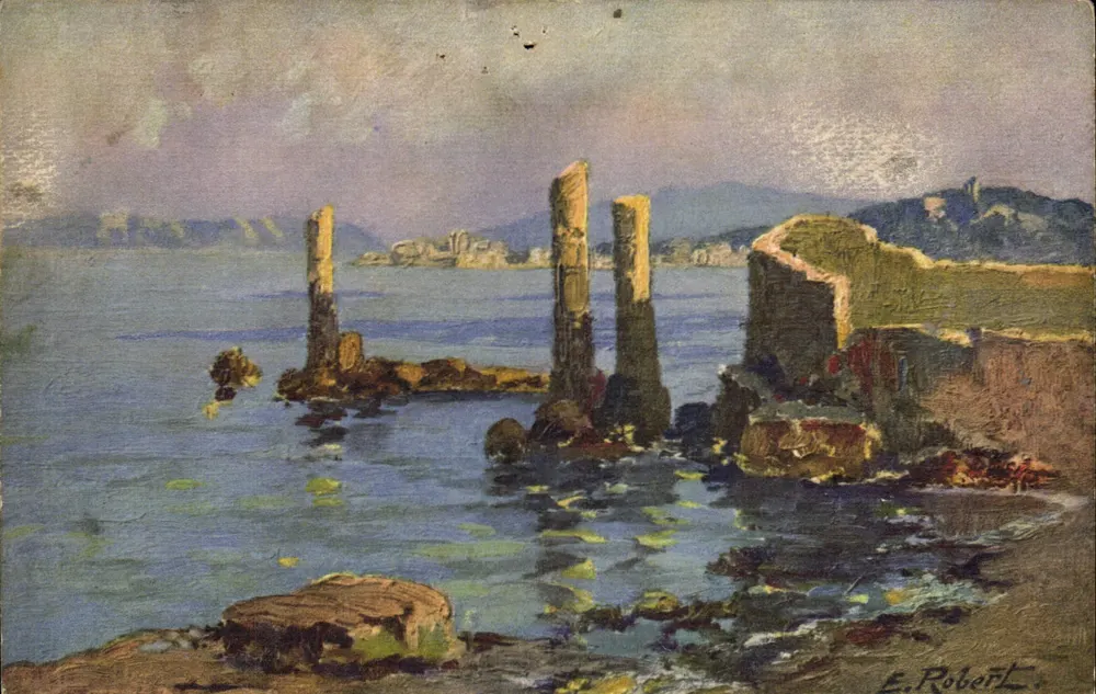 Ruínas costeiras — visão marítima — E. Robert, impressor suíço No. 30 - Frente
